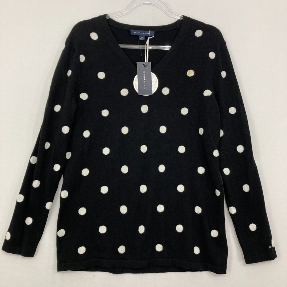 New Tommy Hilfiger Large Black White Polka Dot Crew Neck Light Knit Sweater